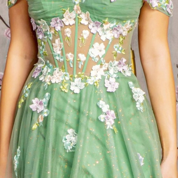 NEW LONG A-LINE SLEEVELESS OFF SHOULDER FLORAL DRESS WITH LACE UP BACK GL3227 - Picture 6 of 12